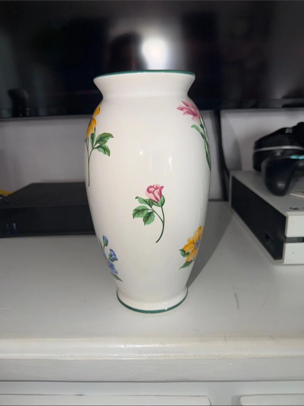 Tiffany & Co. White Ceramic Vase with Pink Floral Motif and Green Trim